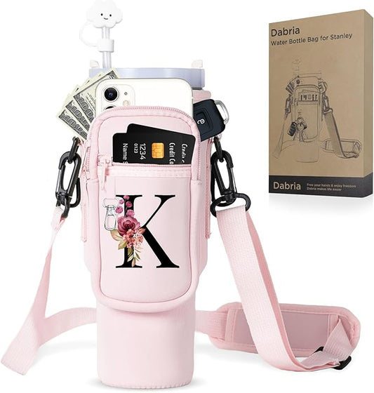 dabria Initial A-Z Water Bottle Bag with Phone Pocket for Stanley 40 oz Tumbler Neoprene Water Bottle Holder Pouch with Adjustable Strap Bollus with Straw Cover & Carabiner for Stanley Cup Accessories
