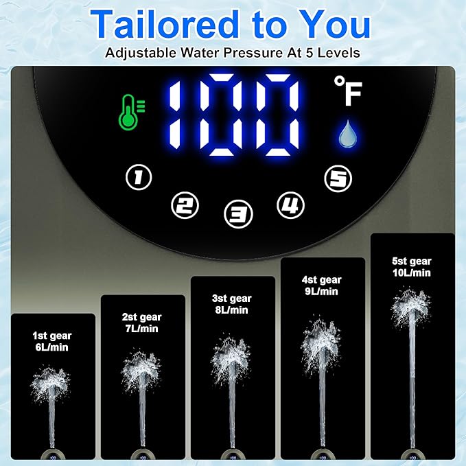 Lightweight Portable Camping Shower, 6000mAh Rechargeable Outdoor Shower Pump with 5 Pressure Modes, Filtered Shower Head, Temperature & Power Display for Hiking, Travel, Washing, Emergency