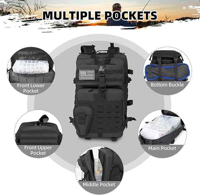 45l Large Fishing Tackle Backpack with Removable Plier Holder & Rod Holders, Black Tactical Bag, Fishing Gear and Tackle Box Organizer, Hiking Rucksack without Tackle Box