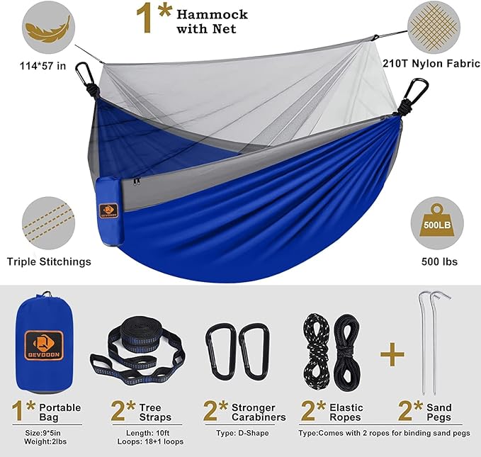 Camping Hammock with Net,Portable Lightweight Double Hammocks with Tree Straps and Solid D-Shape Carabiners,Parachute Nylon Hammock for Backpacking Beach Backyard Patio Hiking Blue&Grey