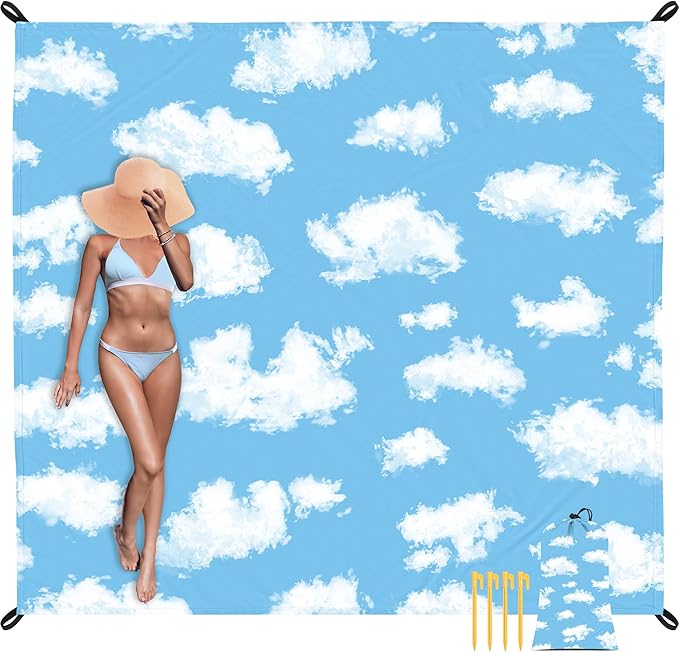 SkyNautre Waterproof Sandproof Beach Blanket, 110''×118'' Oversized Sand Free Beach Mat with 4 Stakes & Storage Bag, Extra Large Big Compact Outdoor Essentials for Picnic, Camping - Clouds
