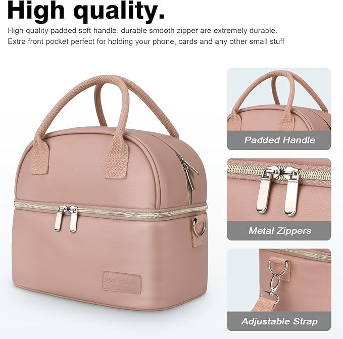 BALORAY Lunch Bag for Women Men, Double Deck Lunch Box for Adults, PU Leather Lunch Tote Bag Insulated Lunch Bags with Strap for Work Office Picnic