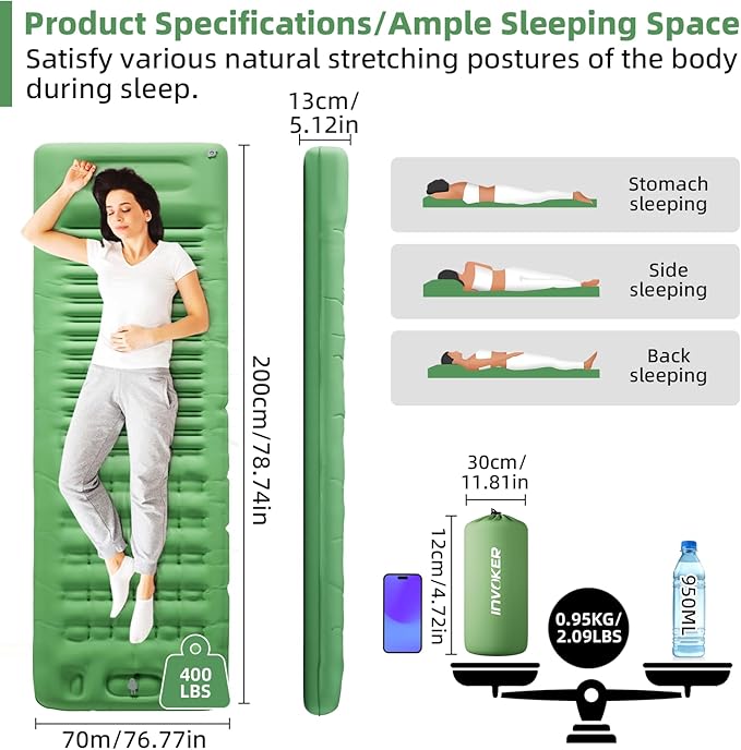 INVOKER 5.12" Camping Sleeping Pad with Built-in Foot Pump, Ultralight Inflatable Camping mat, for Camping, Backpacking, Hiking, Car Travel, Tent, Picnic, Beach, Green