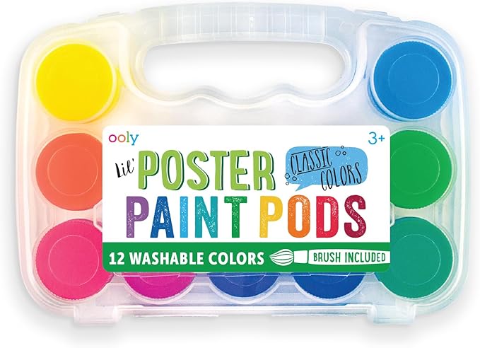 Ooly Lil' Poster Paint Pods, 12 Bright Colors & 1 Brush, Washable Paint for Children, Includes Portable Case, School and Art Supplies for All Ages, Bright & Vibrant Colors