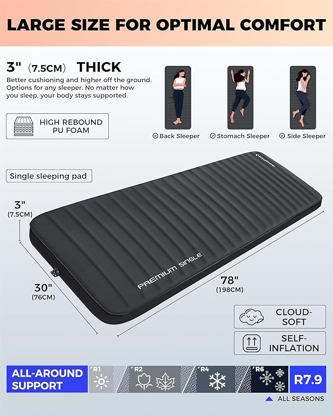 KingCamp Sleeping Pad for Camping, Self Inflating R 7.9 Sleeping Pad for All Seasons, 3" Thick Camping Mattress Mat for Outdoor Tent Cot Car Backpacking, PVC Free (Black)