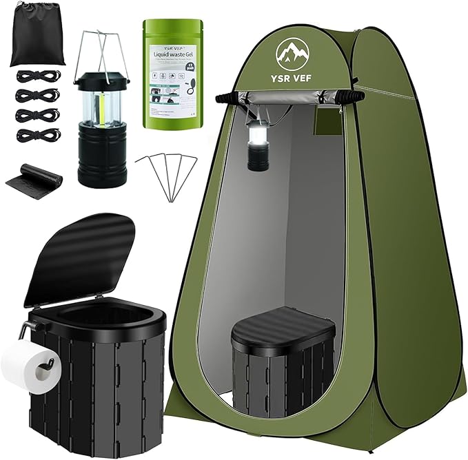 Portable Toilet Kit, Camping Toilet with Pop-Up Privacy Tent and Poo Gel Toilet Bags, Washable Portable Outdoor Showers Changing Rooms