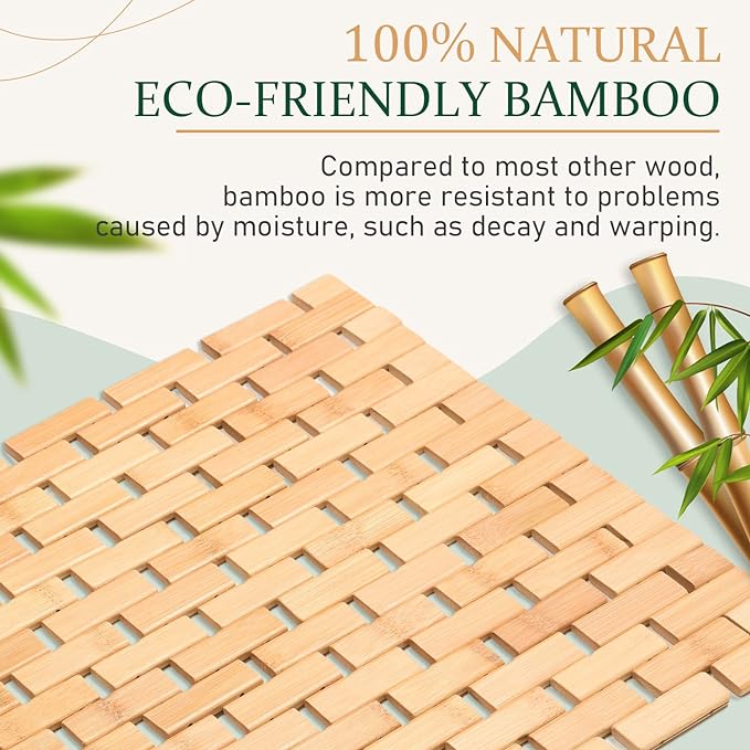 downluxe Bamboo Bath Mat for Bathroom - Waterproof Bamboo Shower Mat Non Slip, Foldable Bathroom Floor Mat for Indoor & Outdoor (Natural Color, 15" X 27", Medium)