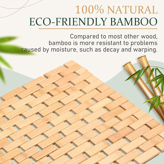 downluxe Bamboo Bath Mat for Bathroom - Waterproof Bamboo Shower Mat Non Slip, Foldable Bathroom Floor Mat for Indoor & Outdoor (Natural Color, 15" X 27", Medium)