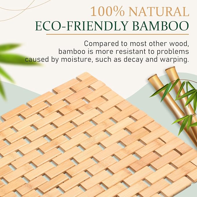 downluxe Bamboo Bath Mat for Bathroom - Waterproof Bamboo Shower Mat Non Slip, Foldable Bathroom Floor Mat for Indoor & Outdoor (Natural Color, 15" X 24", Small)