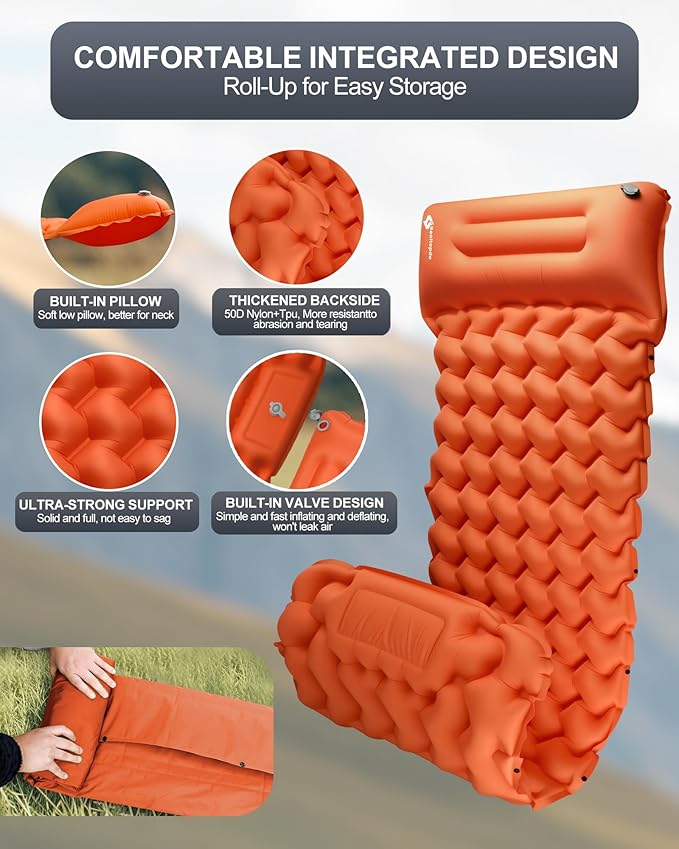 Inflatable Camping Sleeping Pad with Pillow & Foot Pump, 3"x79"x26" Single Camping Air Mattress, Compact Roll-Up, Quick-Dry & Durable Sleeping Mat for Backpacking, Hiking, Tent, Travel – Orange