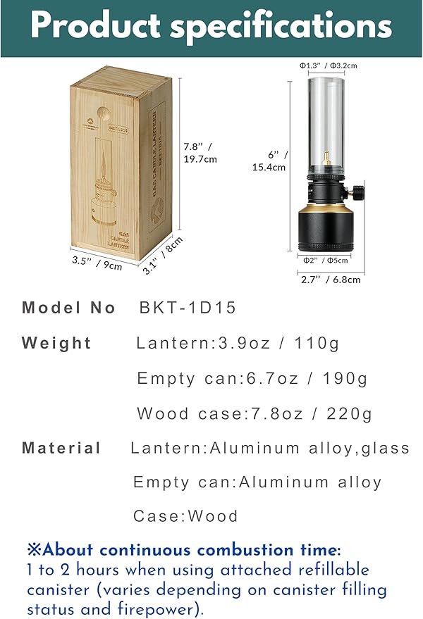 CAMPINGMOON Camping Gas Lantern Gas Candle with Empty Tank Black BKT-1D15