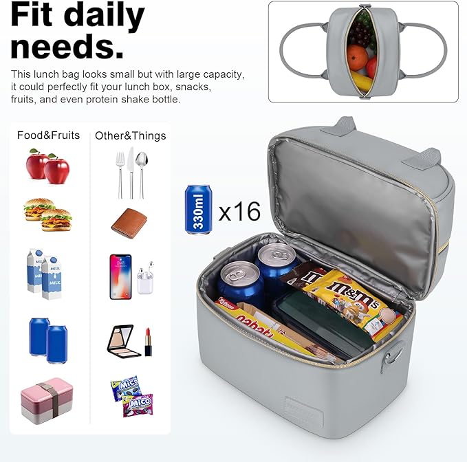 BALORAY Lunch Bag for Women Men, Double Deck Lunch Box for Adults Teens, PU Leather Lunch Tote Bag Insulated Lunch Bags with Strap for Work Office School