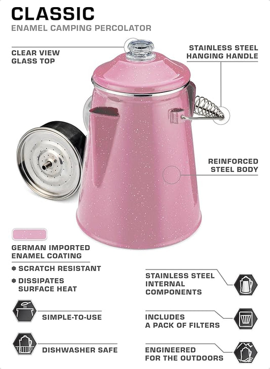 COLETTI Classic Percolator Coffee Pot — Camping Coffee Percolator, Campfire Coffee Pot – Camping Percolator for Groups — Brew for the Whole Campsite (Pink, 12 Cup)
