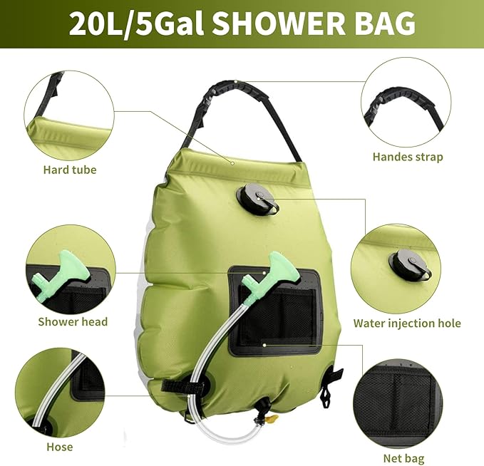 Solar Shower Bag, Solar Heating Camping Shower Bag, 5Gal(20L) Portable Camping Shower Bag, with Removable Hose and On-Off Switchable Shower Head, for Outdoor Traveling/Climbing/Hiking/Beach/Swimming