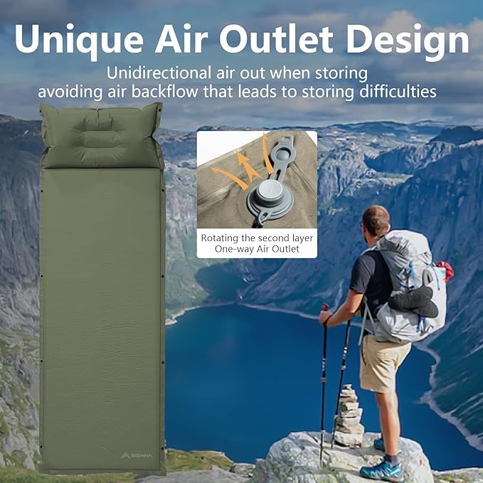 BISINNA Self-Inflating Sleeping Pad Thick Foam Sleeping Mattress with Pillow for Camping Lightweight Insulated Sleeping Mat Fast Inflating for Camping Travel Car Tent