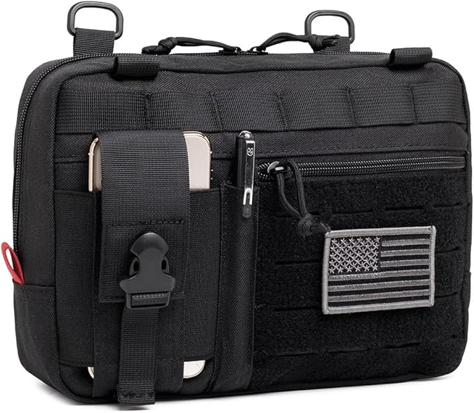 Tactical Molle Admin Pouch of Laser Cut Design,Medical EMT Organizer with Phone Pouch,EDC EMT Pack IFAK Tool Holder with US Patch (Large Black-Without Accessories)