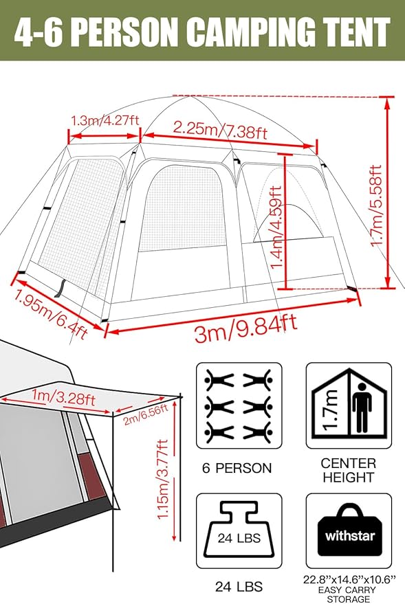 Camping Tents, 4-8 Person Stand Up Tent, Straight-Wall Design,with Full-Coverage PU-Coated All-Around Tents for Camping, Hiking, Picnic, Bivy