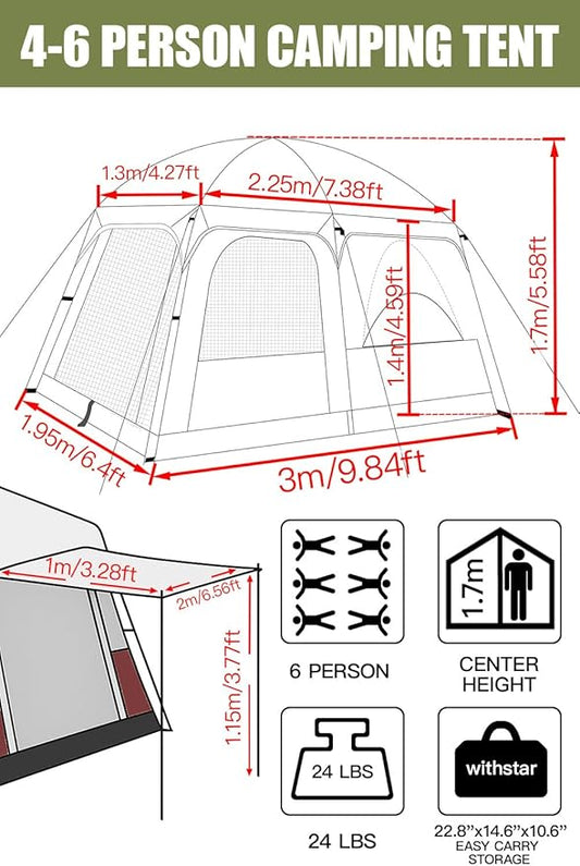 Camping Tents, 4-8 Person Stand Up Tent, Straight-Wall Design,with Full-Coverage PU-Coated All-Around Tents for Camping, Hiking, Picnic, Bivy
