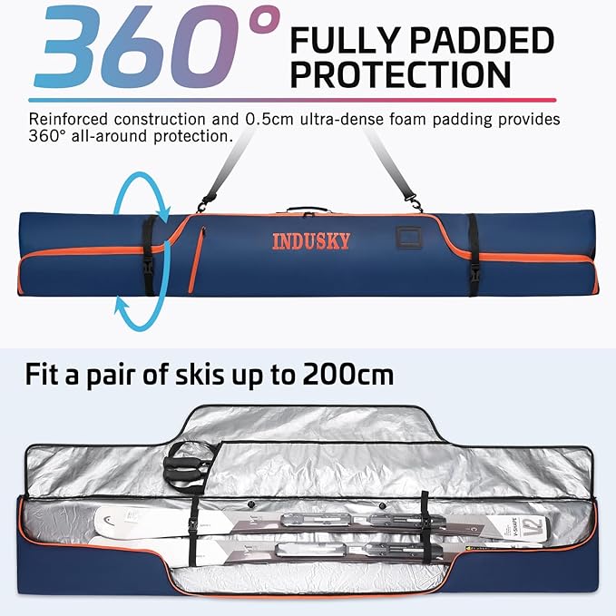 Padded Ski Bag - Waterproof, Adjustable Length, Fits Skis Up to 200cm, Portable Snow Travel Bag with Removable Shoulder Strap