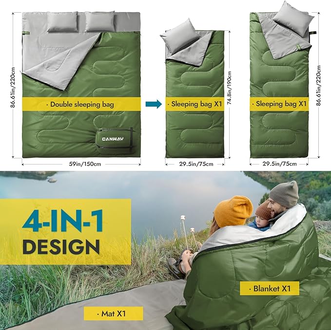 CANWAY Double Sleeping Bag Flannel for Adults Cold Weather Queen Size Two Person Sleeping Bags for Camping with 2 Pillows