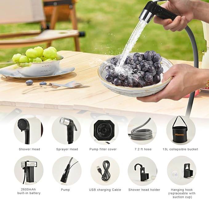 Portable Shower Camping Outdoor Camp Shower Pump, Rechargeable Battery Powered Shower 2 Head with Foldable Collapsible Bucket, Large Water Flow for Hiking, Traveling, Beach Washing Cleaning