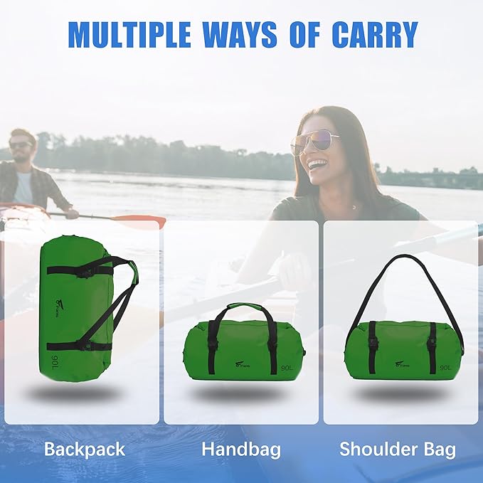 8 Fans Extra Large Waterproof Duffle Bag,Heavy Duty Travel Dry Bag with Durable Straps & Handles, Ideal for Kayaking,Paddleboarding,Boating,Rafting,and Fishing (Green, 90L)