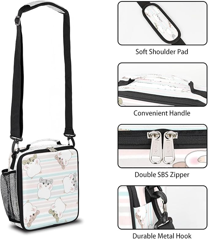 Pardick Cute Hamster Lunch Bag for Girls Boys,Hamster Insulated Lunch Box Kids with Adjustable Shoulder Strap,Waterproof Students Lunch Tote Cooler Bag for School Picnic Travel Outdoor