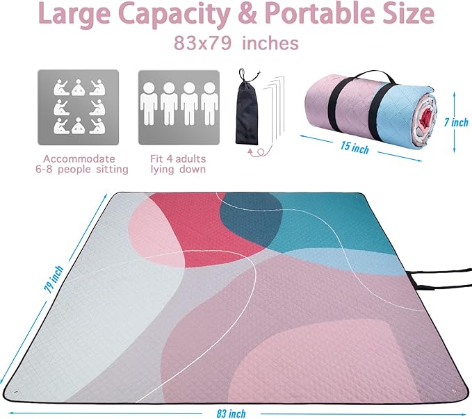 PY SUPER MODE Picnic Blankets Extra Large, Waterproof Foldable Outdoor Beach Blanket Oversized 83x79” Sandproof, 3-Layer Picnic Mat for Camping, Hiking, Travel, Park, Concerts(Abstract Pink)