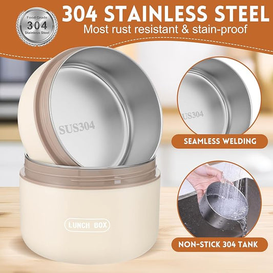 Dandat 3 Pcs Portable Insulated Lunch Container Set for Adult kids, Stackable Stainless Steel Bento Box for Hot Food with Insulated Lunch Bag Unisex 3 Separate Thermal Food Container(Beige)