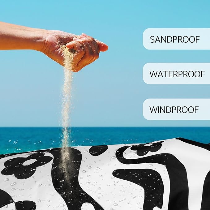 Black Beach Blanket Waterproof Sandproof, 78”x 86” Large Beach Mat for 4-6 Adults, Polyester Lightweight Compact Sandfree Outdoor Picnic Blankets with 4 Stakes & Pockets for Travel, Camping, Hiking