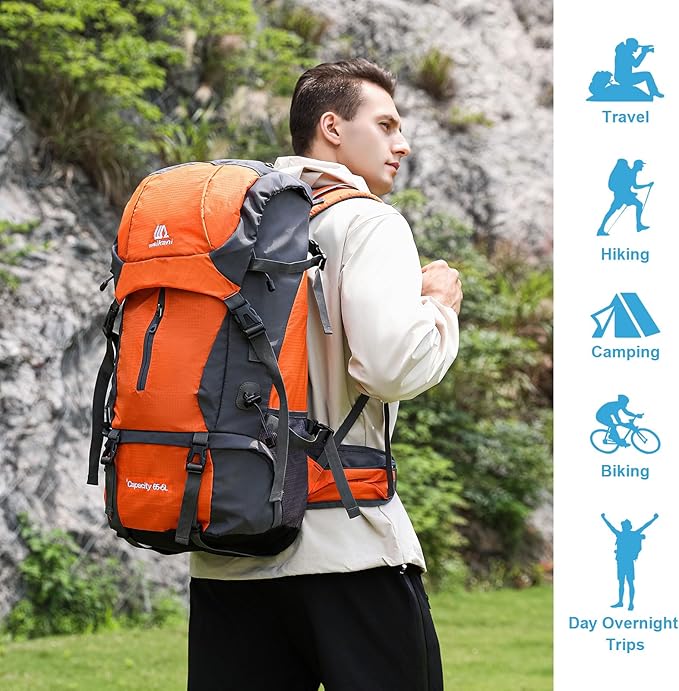 ShowyLive 70L Hiking Backpack - Lightweight Waterproof Travel Backpack for Men & Women, Large Camping Bag with Rain Cover & Adjustable Straps (Orange)