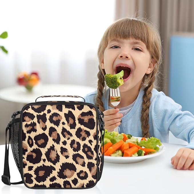 Pardick Leopard Lunch Box for Kids,Students Leopard Animal Skin Print Lunch Bag Tote with Adjustable Shoulder Strap,Insulated Thermal Girls Boys Lunchbox Cooler Bag for School Picnic Travel Outdoor