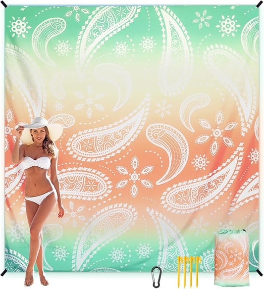 Beach Blanket, Sandproof Beach Mat, Waterproof Quick Drying Lightweight Outdoor Aztec Picnic Mat 79" X 83"/120"x108" for 2-8 Adults for Travel, Camping, Hiking