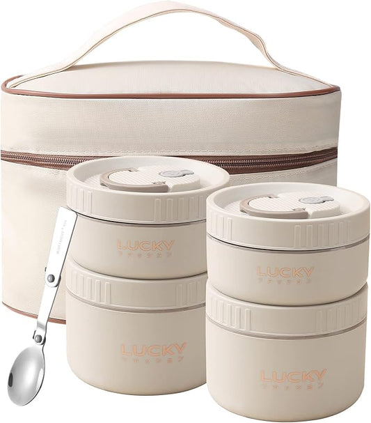 YBOBK HOME Thermal Bento Box Aldult Lunch Box, Portable Insulated Lunch Container For Work Picnic, Keep Warm Stainless Steel Food Container With Bag, Induction Cooker & Microwave Safe (Beige 68oz)