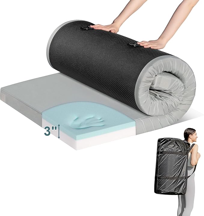 Memory Foam Camping Mattress Pad, CertiPUR-US Waterproof Portable Roll Up Mattress for Adults, Thick Floor Sleeping Mat Pad for Car Truck Tent with Travel Bag