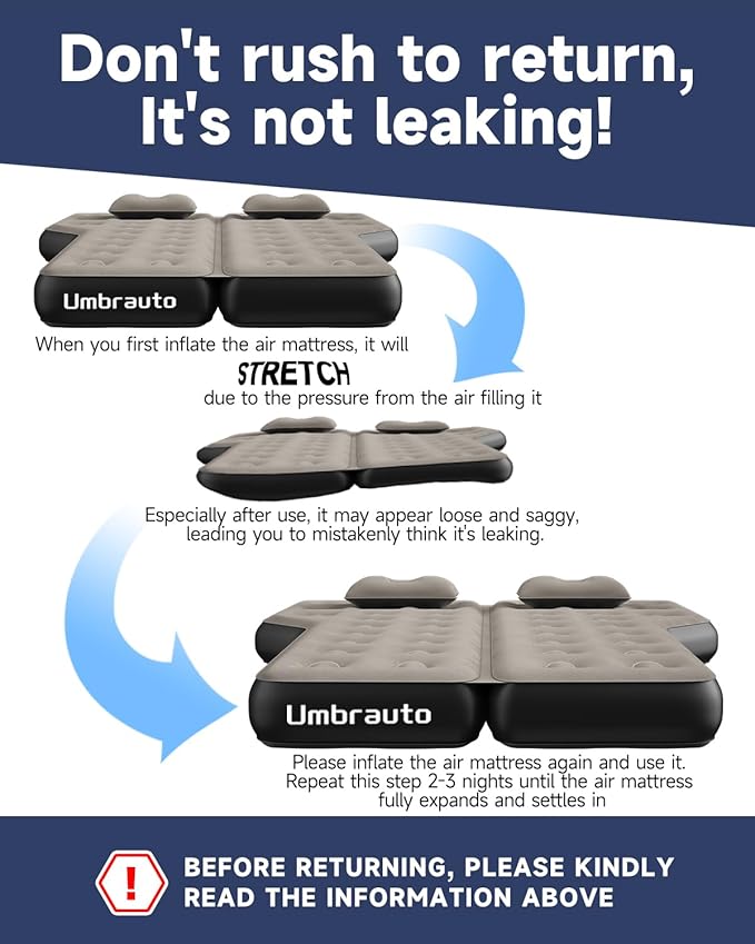 Umbrauto SUV Inflatable Air Mattress: Upgraded Thickened Flocking Car Sleeping Bed for SUV Back Trunk Camping, Car Travel Airbed with Electric Pump, Pillows, Repair Patch Kit