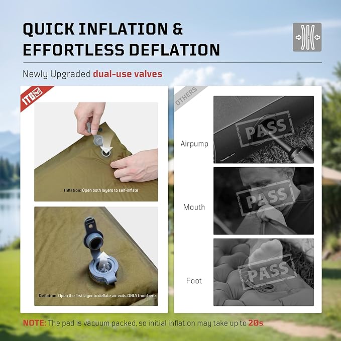 Self Inflating Sleeping Pad for Camping, Insulated Inflatable Camping Mattress for Winter, with Pillow, Dual Valves, Memory Foam, Sleeping Mat for Backpacking, Hammock, Tents, Floor