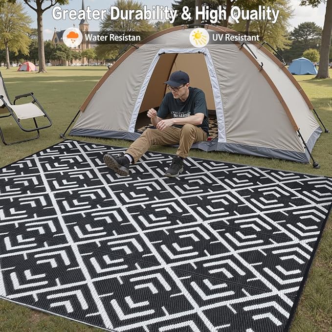 RV Outdoor Rug Waterproof Mat Outdoor Rugs 9'x12' for Patios Clearance Carpet Outdoor Camping Rugs Large Plastic Straw Rug(9x12ft Geometric Black&White)