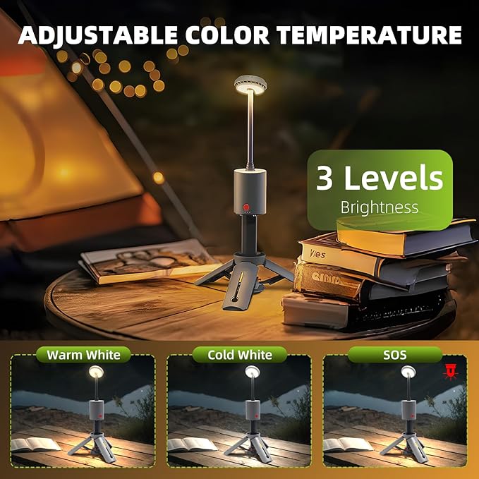 Telescopic Camping Light - Cordless Dimmable Camping Tent Lamp, 10000mAh Rechargeable Magnetic Lantern IPX6/IPX4 Waterproof, 520LM 3000K/5000K + SOS Mode with Ground Stakes (Gray-Red)