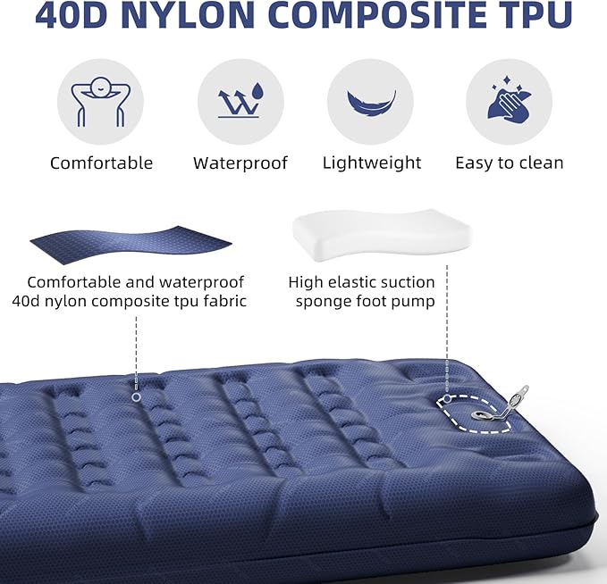 INVOKER 5.12" Camping Sleeping Pad, Ultralight Inflatable Camping mat with Built-in Foot Pump, for Camping, Backpacking, Hiking, Car Travel, Beach, Dark Blue