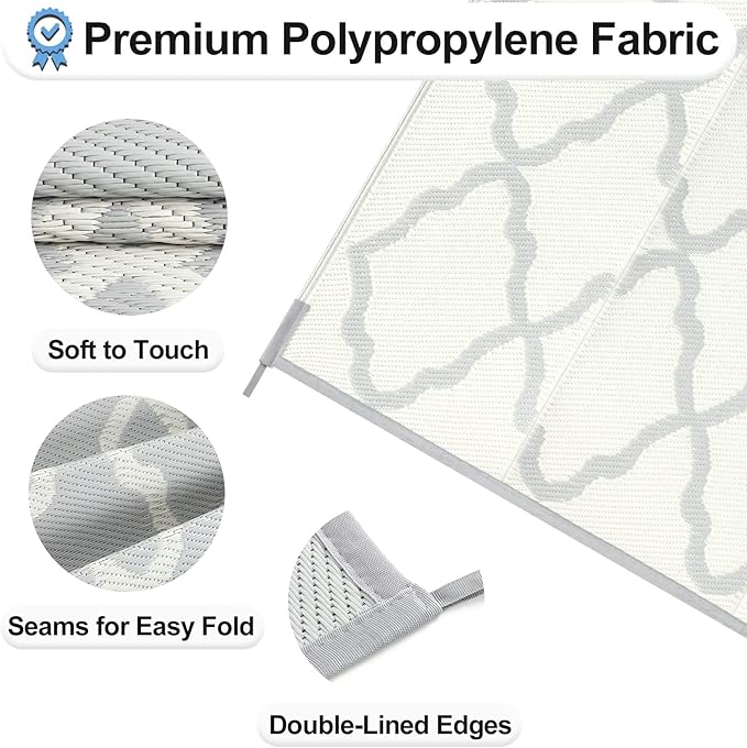 OutdoorLines Outdoor Plastic Area Rugs for Patio 6x9 ft - Reversible Outside Carpet, Stain & UV Resistant RV Mats, Straw Rug for Camping, Deck Garden, Porch and Balcony, Moroccan/Beige & Light Grey