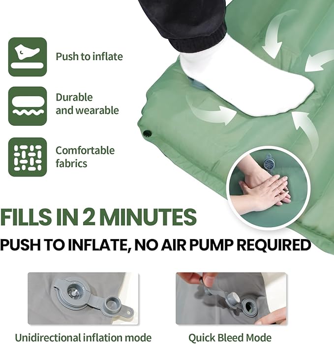 Camping Sleeping Pad - Camping Mattress, 4" Thick Ultra-Light, Pillow Built in Foot Pump, Thickened and Silent Anti-air Leakage, Hiking Camping, Family Trips Green