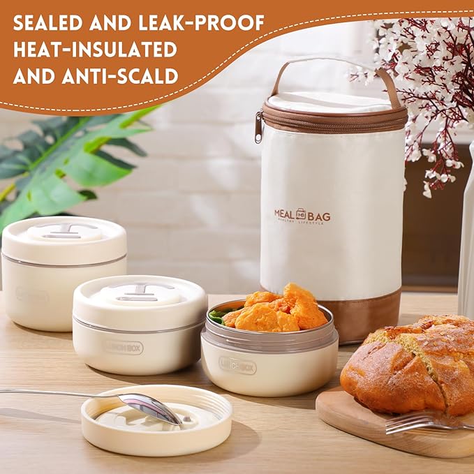 Dandat 3 Pcs Portable Insulated Lunch Container Set for Adult kids, Stackable Stainless Steel Bento Box for Hot Food with Insulated Lunch Bag Unisex 3 Separate Thermal Food Container(Beige)