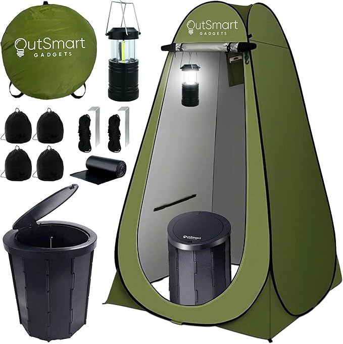 Outdoor Portable Toilet Set for Adults with Camping Night Lantern, Folding XL Toilet, Pop Up Privacy Tent and Carry Bags, Multipurpose Potty, Washable and Foldable for RV Travel