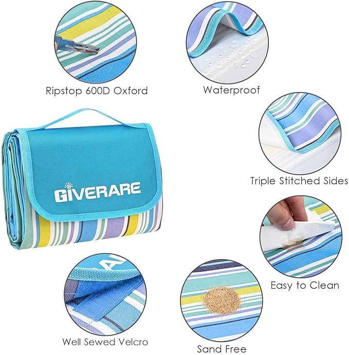 GIVERARE Picnic Beach Blanket, XL Sandfree Waterproof Outdoor Camping Blanket, Quick Drying Oxford Family Mat, Portable Extra Large Picnic Mat for Travel, Hiking, Music Festival, Lawn