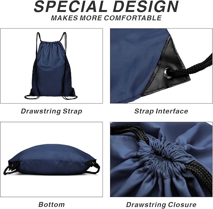 BuyAgain Drawstring Backpack Sports Water Resistant String Bag Sport Gym Sackpack for Women Men Large with Zipper, Navy