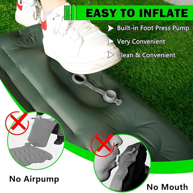 Green Self-Inflating Camping Sleeping Pad, 4.7' Thick, Single Air Mattress with Built-in Foot Pump, Waterproof, 72' x 20' x 4.7'
