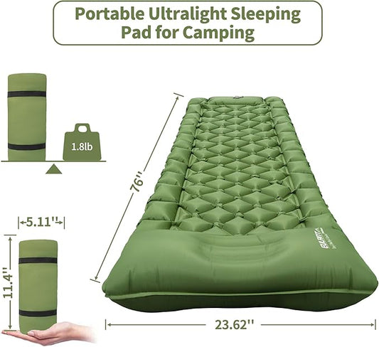 Single Sleeping Pad for Camping, Ultralight Inflatable Sleeping Mat with Pillow and Built-in Foot Pump, Portable Camping Mattress for Tent, Backpacking, Hiking, Traveling (Single,Green)