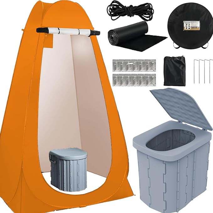 Portable Camping Toilet with Pop-Up Privacy Tent,Outdoor Portable Folding Toilet Potty for Adults,Outdoor Camping Shower Tents Changing Room Emergency Toilet Tent Kit with Carry Bag