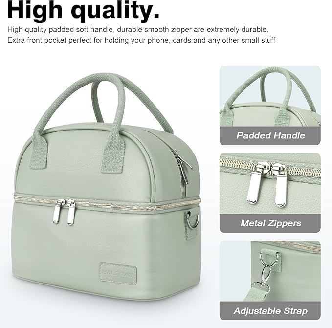 BALORAY Lunch Bag for Women Men, Double Deck Lunch Box for Adults, PU Leather Lunch Tote Bag Insulated Lunch Bags with Strap for Work Office Picnic